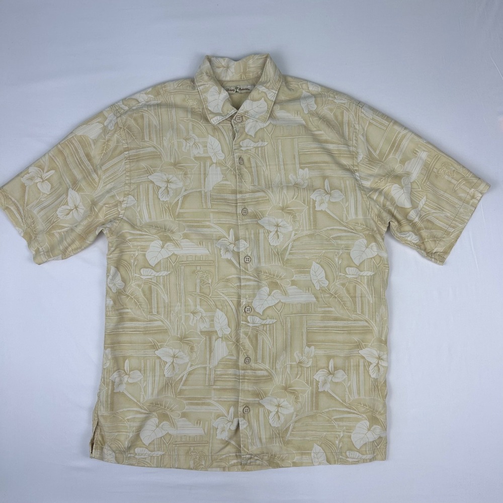 Tommy Bahama Mens Large Silk Floral Camp Shirt Tan Cream Short Sleeve Button‎ Up